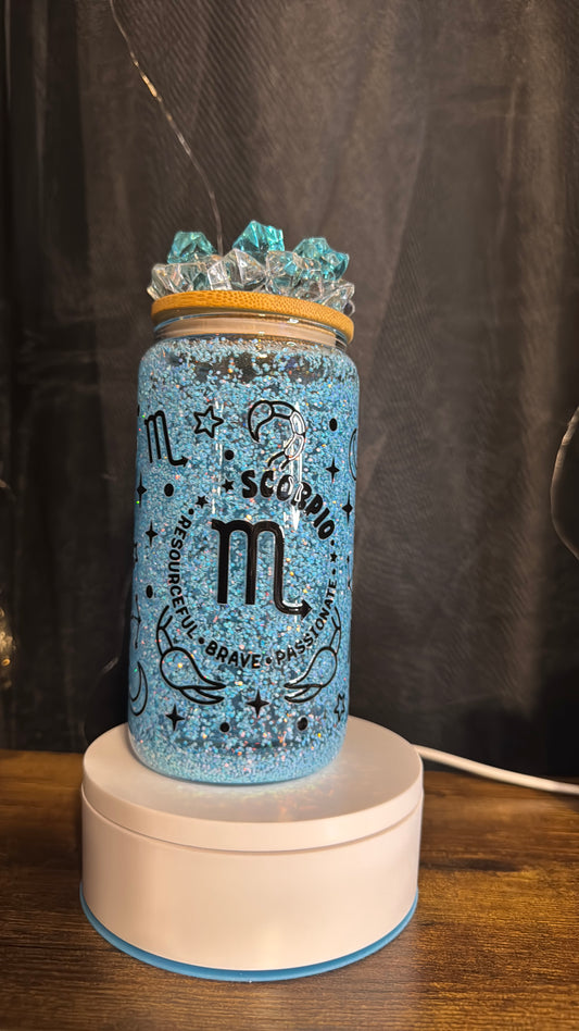 16oz Glass Blue Glitter Scorpio Cup